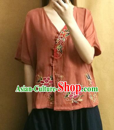 Traditional Chinese Embroidered Peony Brown Blouse Upper Outer Garment Tang Suit Shirt National Costume for Women