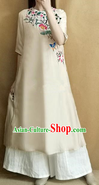 Traditional Chinese National Costume Tang Suit Embroidered Beige Cheongsam Qipao Dress for Women