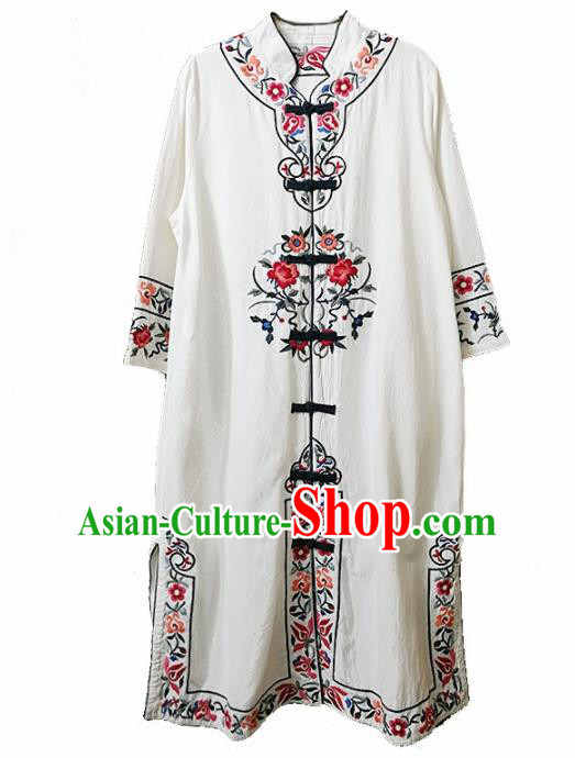 Traditional Chinese Embroidered Flowers White Long Coat Tang Suit Outer Garment National Costume for Women