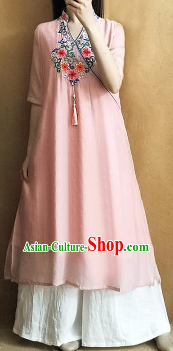Traditional Chinese National Costume Tang Suit Embroidered Pink Qipao Dress for Women