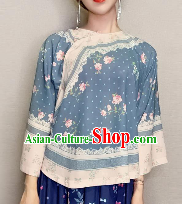 Traditional Chinese Tang Suit Slant Opening Blue Blouse Upper Outer Garment National Costume for Women