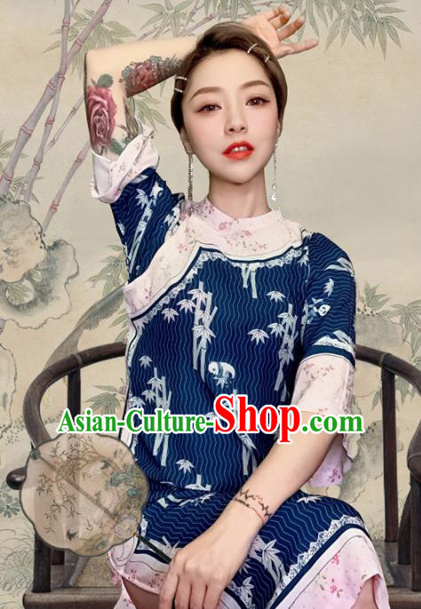 Traditional Chinese Printing Bamboo Royalblue Cheongsam Tang Suit Qipao Dress National Costume for Women