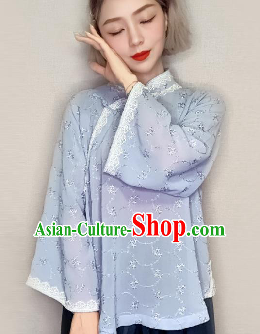 Traditional Chinese Tang Suit Light Blue Blouse Upper Outer Garment National Costume for Women