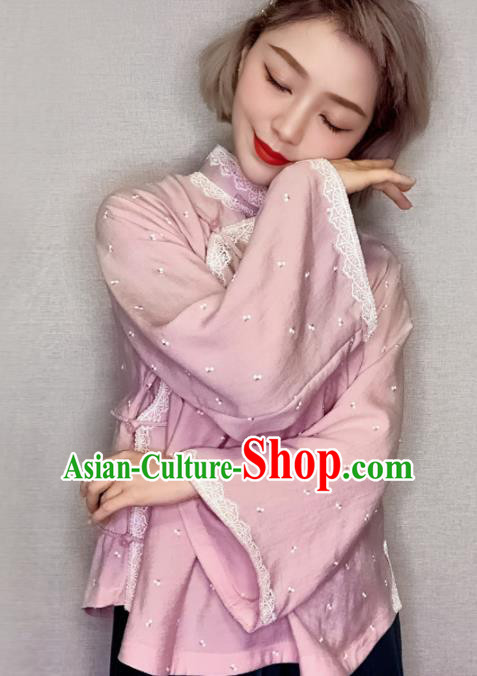 Traditional Chinese Tang Suit Light Pink Blouse Upper Outer Garment National Costume for Women