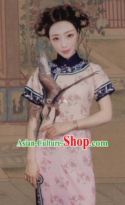 Traditional Chinese Printing Pink Cheongsam Tang Suit Qipao Dress National Costume for Women