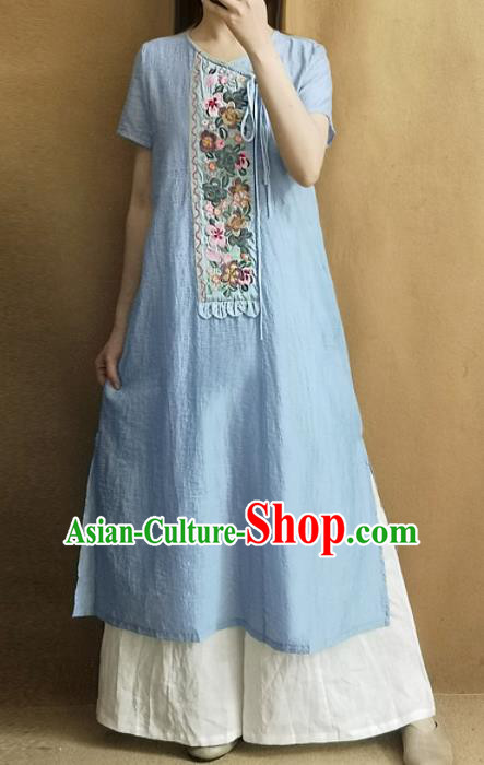 Traditional Chinese Embroidered Blue Qipao Dress Tang Suit National Costume for Women