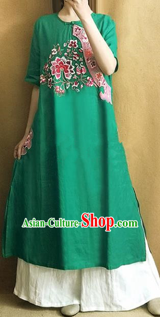 Traditional Chinese Embroidered Lotus Green Cheongsam Qipao Dress Tang Suit National Costume for Women