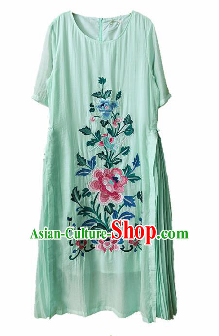 Traditional Chinese Embroidered Peony Green Rayon Cheongsam Qipao Dress Tang Suit National Costume for Women