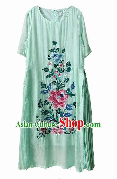 Traditional Chinese Embroidered Peony Green Rayon Cheongsam Qipao Dress Tang Suit National Costume for Women