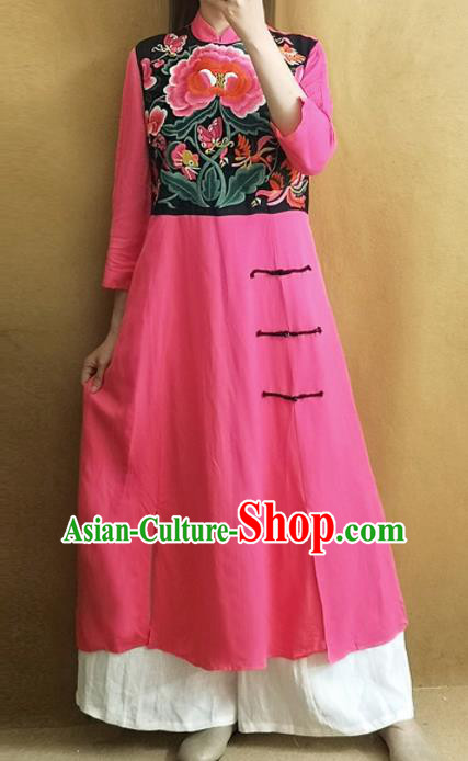 Traditional Chinese Embroidered Peony Cheongsam Plated Buttons Pink Qipao Dress Tang Suit National Costume for Women