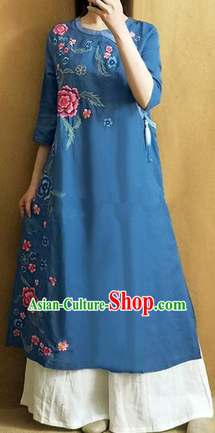 Traditional Chinese Embroidered Peony Navy Dress Tang Suit Cheongsam National Costume for Women