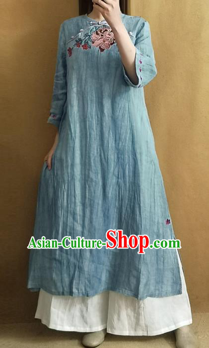 Traditional Chinese Embroidered Blue Linen Dress Tang Suit Cheongsam National Costume for Women
