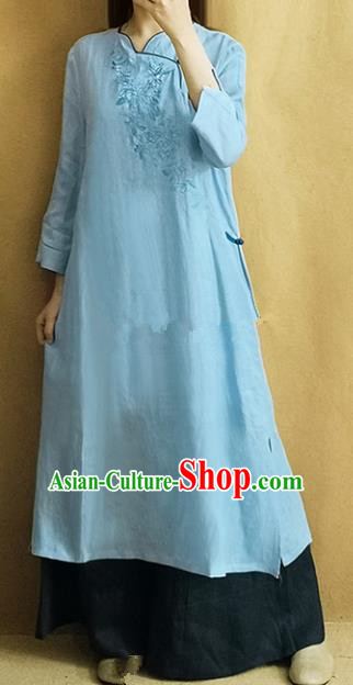 Traditional Chinese Embroidered Blue Linen Qipao Dress Tang Suit Cheongsam National Costume for Women