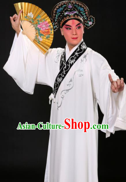 Handmade Chinese Beijing Opera Niche Costume Traditional Peking Opera Scholar Embroidered White Robe for Men