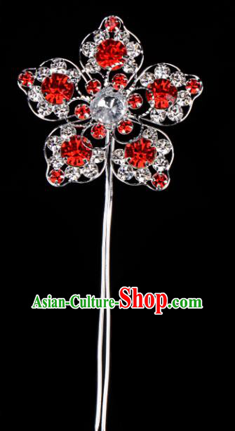 Chinese Handmade Beijing Opera Hair Accessories Traditional Ancient Princess Red Crystal Flower Hairpins for Women