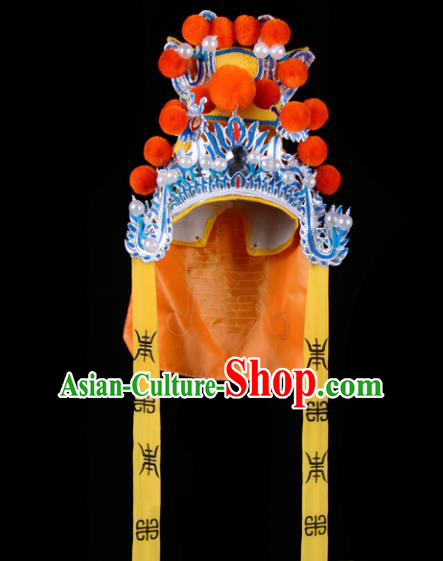 Chinese Handmade Beijing Opera Takefu Hat Traditional Ancient General Orange Helmet for Men