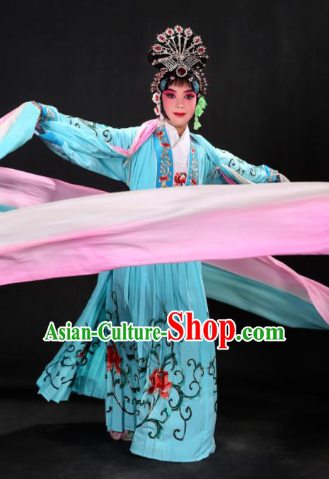 Handmade Chinese Beijing Opera Embroidered Peony Blue Dress Traditional Peking Opera Diva Costume for Women