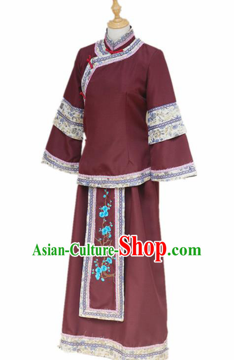 Traditional Chinese Republican Period Young Mistress Purplish Red Dress Ancient Landlord Shiva Costume for Women