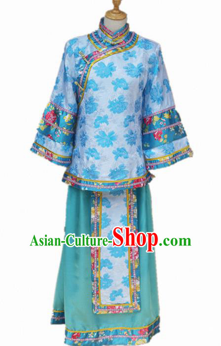 Traditional Chinese Republican Period Young Mistress Blue Dress Ancient Landlord Shiva Costume for Women