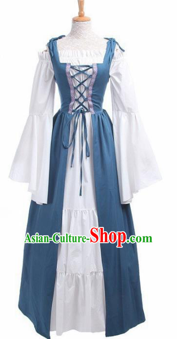 Europe Medieval Traditional Costume European Court Lady Blue Dress for Women