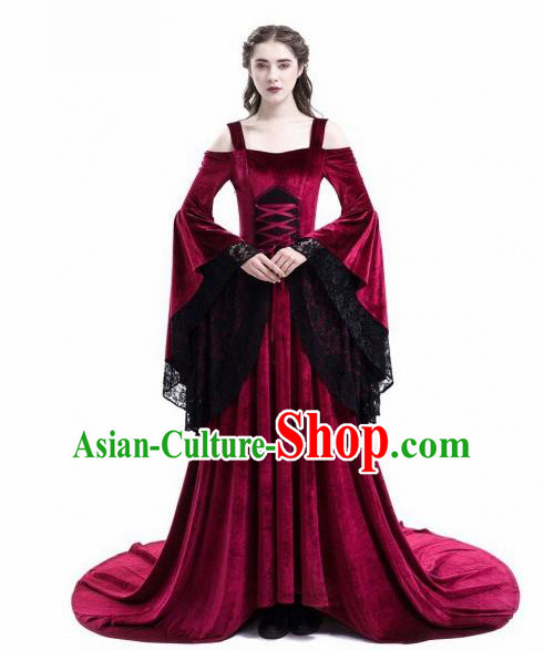 Europe Medieval Traditional Court Princess Wine Red Costume European Full Dress for Women