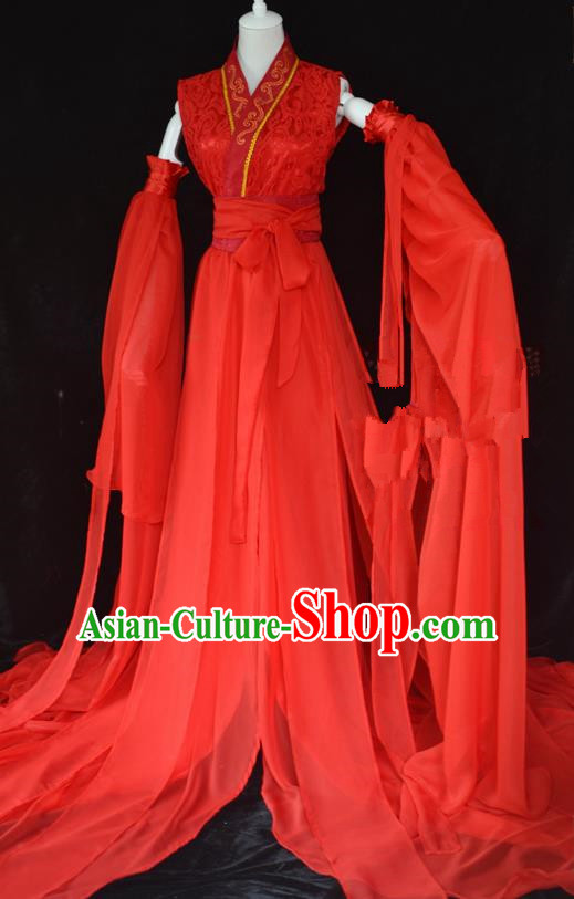 Traditional Chinese Cosplay Swordswoman Red Hanfu Dress Ancient Peri Princess Costume for Women