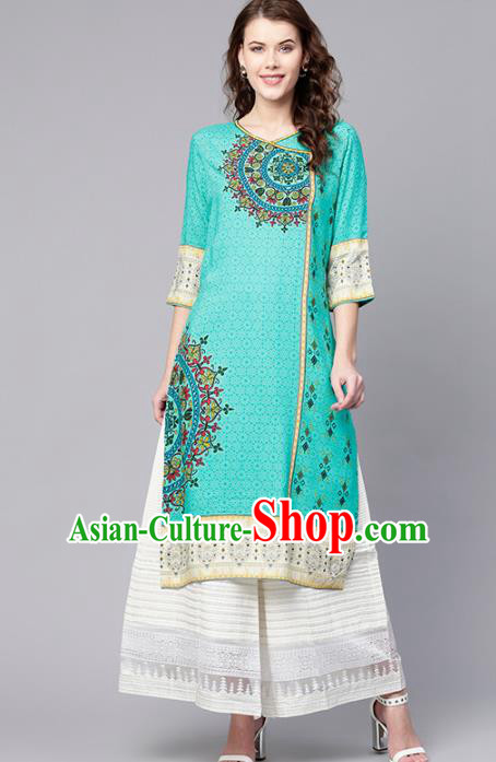 Asian India Traditional Informal Costumes South Asia Indian National Green Blouse and Dress for Women