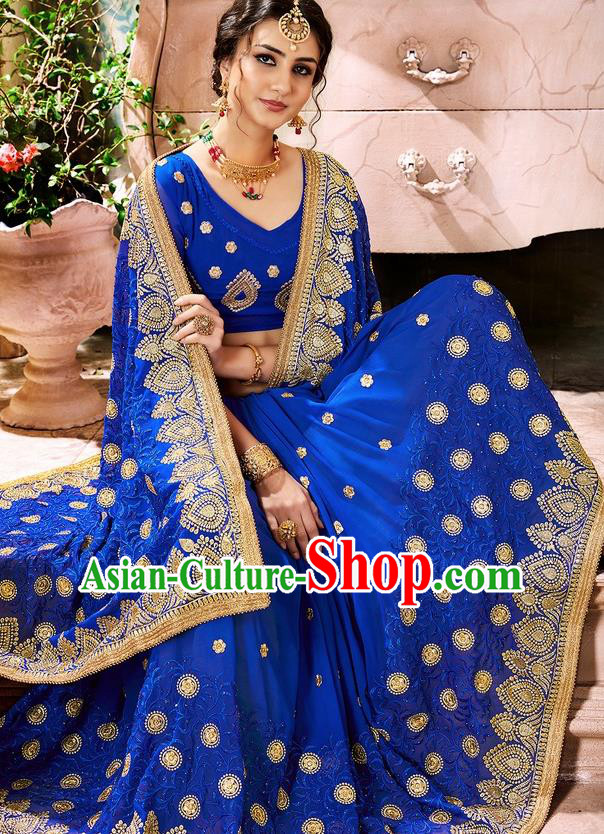 Indian Traditional Court Costume Asian India Royalblue Sari Dress Bollywood Queen Clothing for Women