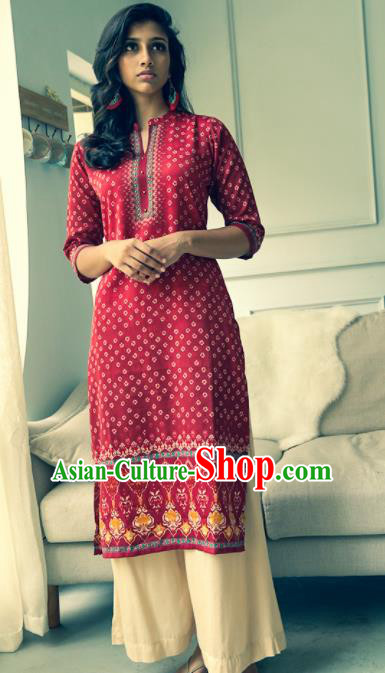 Asian India Traditional Informal Costumes South Asia Indian National Purplish Red Blouse and Pants for Women