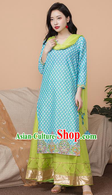 Asian India Traditional Informal Punjabi Costumes South Asia Indian National Blue Blouse and Dress for Women