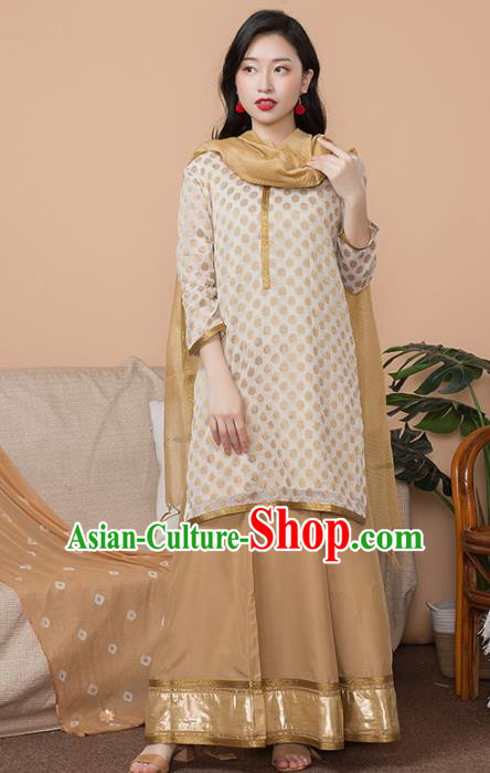 Asian India Traditional Informal Punjabi Costumes South Asia Indian National Khaki Blouse and Dress for Women