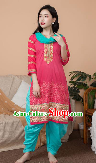 Asian India Traditional Informal Punjabi Costumes South Asia Indian National Rosy Blouse and Pants for Women