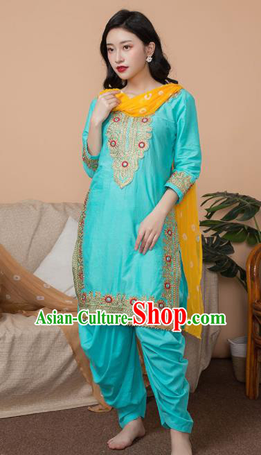Asian India Traditional Informal Punjabi Costumes South Asia Indian National Blue Blouse and Pants for Women