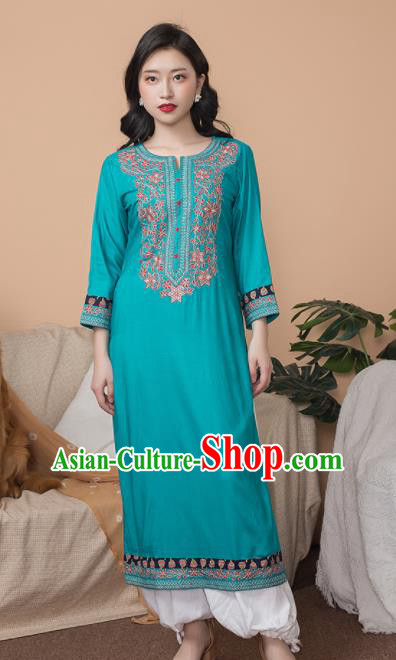 Asian India Traditional Punjabi Costumes South Asia Indian National Informal Blue Blouse and Pants for Women