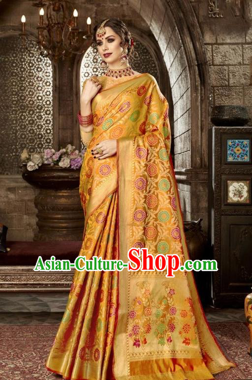 Asian India Traditional Golden Sari Dress Indian Court Costume Bollywood Queen Clothing for Women