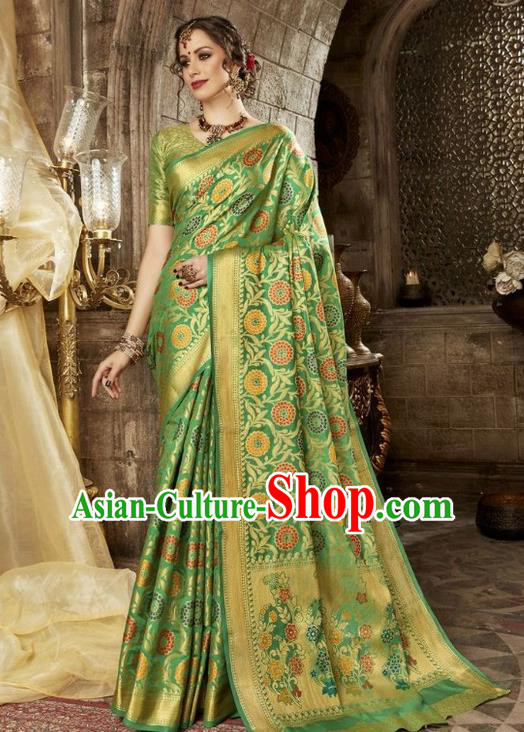 Asian India Traditional Green Sari Dress Indian Court Costume Bollywood Queen Clothing for Women