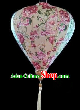 Chinese Traditional Lantern Handmade Printing Peony Beige Lanterns Ceiling Lamp New Year Lantern