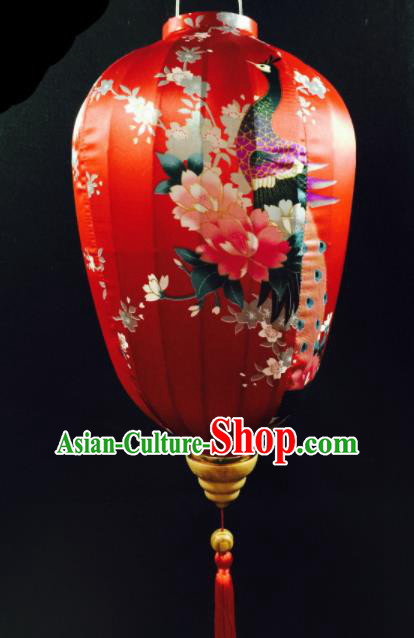 Chinese Traditional Lantern Handmade Printing Peacock Red Lanterns Ceiling Lamp New Year Lantern