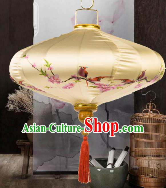 Chinese Traditional Lantern Handmade Printing Bird Beige Lanterns Ceiling Lamp New Year Lantern