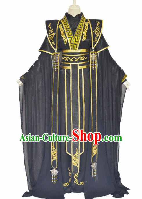 Traditional Chinese Jin Dynasty Swordsman Black Clothing Ancient Royal Highness Costume for Men