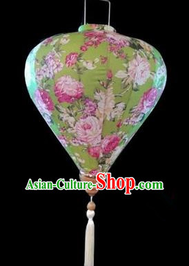 Chinese Traditional Lantern Handmade Printing Peony Green Lanterns Ceiling Lamp New Year Lantern