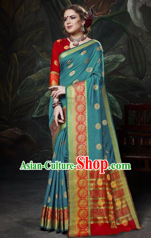Asian India Traditional Bollywood Peacock Blue Sari Dress Indian Court Queen Costume for Women