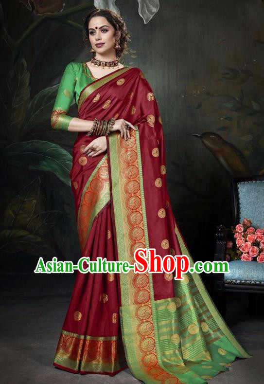 Asian India Traditional Bollywood Wine Red Sari Dress Indian Court Queen Costume for Women