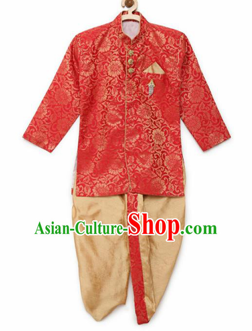 Asian India Traditional Costumes South Asia Indian National Red Shirt and Golden Pants for Kids
