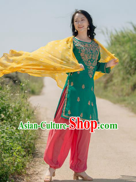 South Asian India Traditional Punjabi Costumes Asia Indian National Green Blouse and Pants for Women