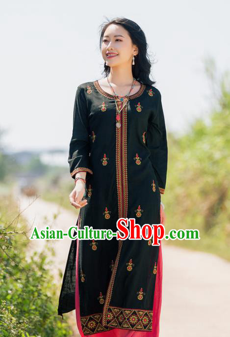 South Asian India Traditional Punjabi Costumes Asia Indian National Black Linen Blouse and Pants for Women