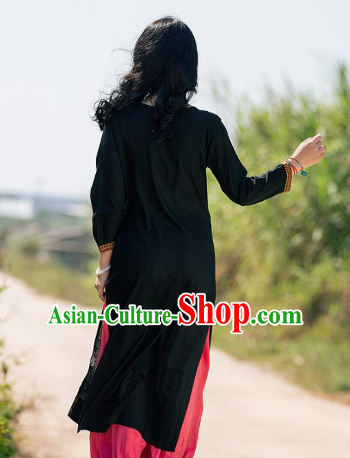 South Asian India Traditional Punjabi Costumes Asia Indian National Black Linen Blouse and Pants for Women