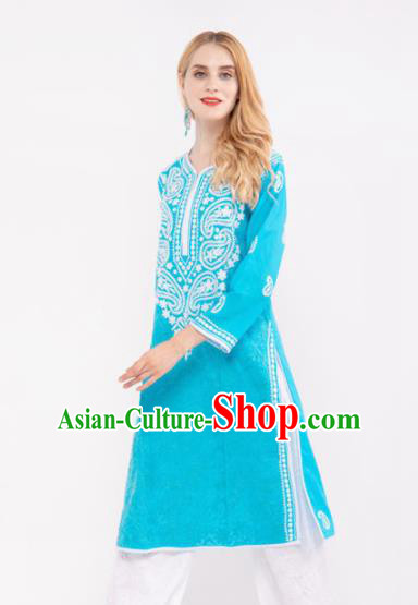 South Asian India Traditional Punjabi Costumes Asia Indian National Yoga Blue Blouse and Pants for Women