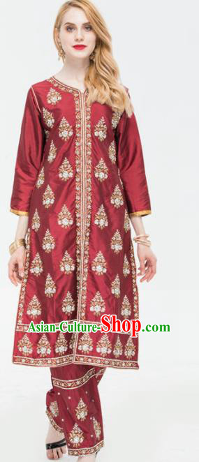 South Asian India Traditional Punjabi Costumes Asia Indian National Yoga Purplish Red Blouse and Pants for Women