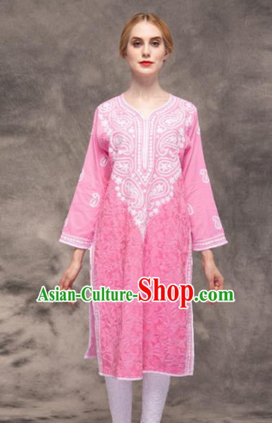 South Asian India Traditional Yoga Costumes Asia Indian National Punjabi Pink Blouse and Pants for Women